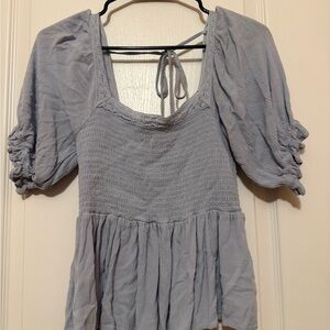In Bloom Light Blue Smocked Peasant Top with Puff Sleeves